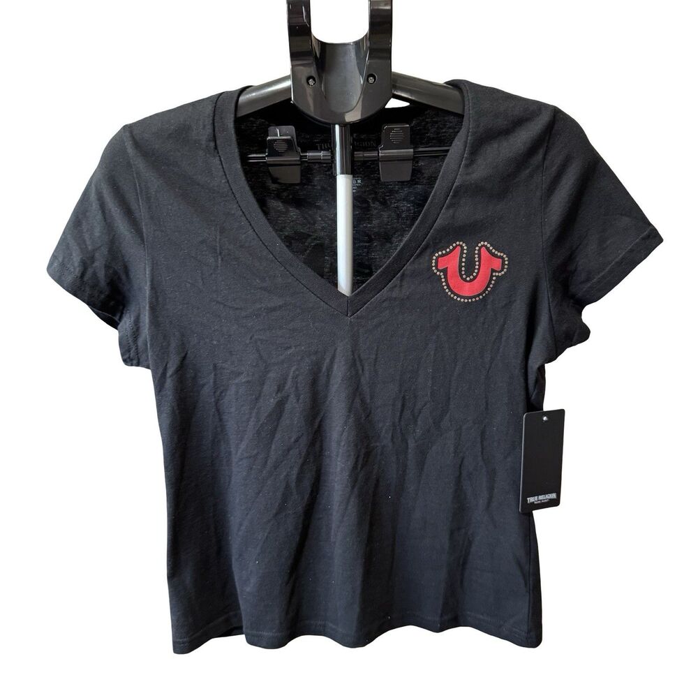 NWT True Religion Shirt Woman’s Medium Black Red Glitter Logo V Neck Tee